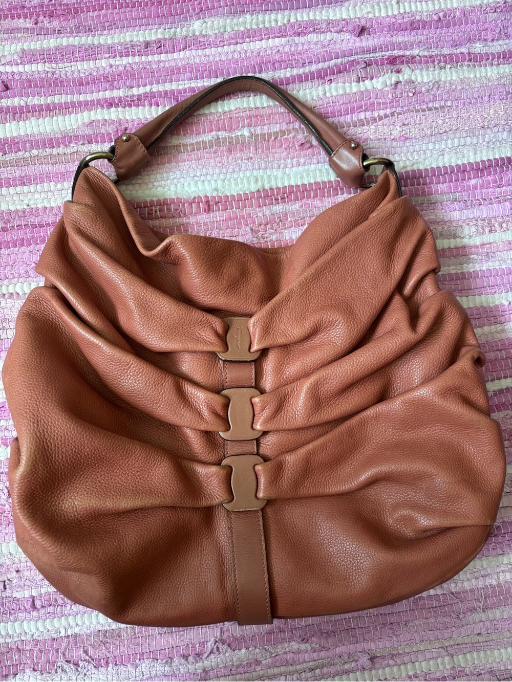 Ferragamo Soft Ruched Medium Hobo Shoulder Bag in Cognac Brown